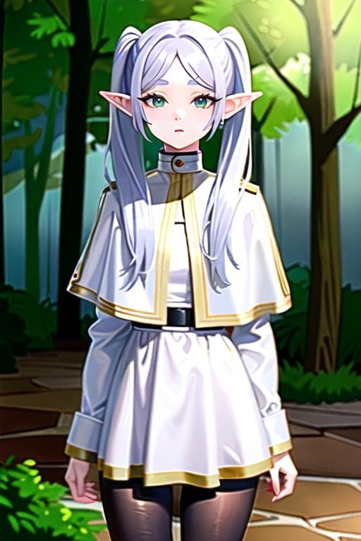 1girl, Frieren, twintails, white_hair, green eyes, chubby cheeks, elf_ears, pale_skin,
BREAK striped shirt, white capelet, white skirt, black pantyhose, 
BREAK cowboy shot, full_body, facing_viewer,
BREAK forest,
BREAK hype detailed, detailed eyes, detailed face, detailed clothes, perfect anatomy, high resolution, 