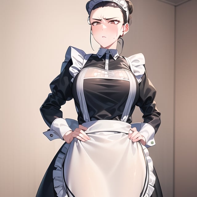 (((Alone))), (mature_female 2.5), white skin, (black_eyes 2.0), black_hair 2.0, (((hair bun))), long nose 1.2, (((maid cosplay))),

BREAK, (bad mood face 0.7), closed_mouth, (hands on hips), (((looking away 0.5))),

BREAK, cowboy_shot, masterpiece, high_resolution, best_quality, 4k, (((detailed_face))), detailed_eyes, detailed_body, (((detailed_clothes))), (((perfect anatomy))), (((bedroom_background))),tengokustyle,