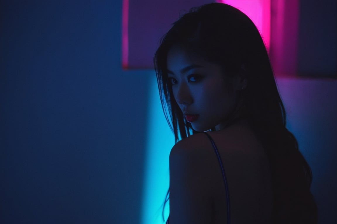 sakuragirl, 24 year old girl, japanese, slim waist, (big ass:3.0), deep photo, depth of field, Superia 400, shadows, perfect face and body, dark, nighttime, dark photo, grainy, ((eyes closed)), cleavage, biting her lips, aw0k euphoric style, big breasts, wearing bikini, pink lips, sexy pose, FACE, beautiful photography, looking_at_viewer, darkness, subtle lighting, blue lighting