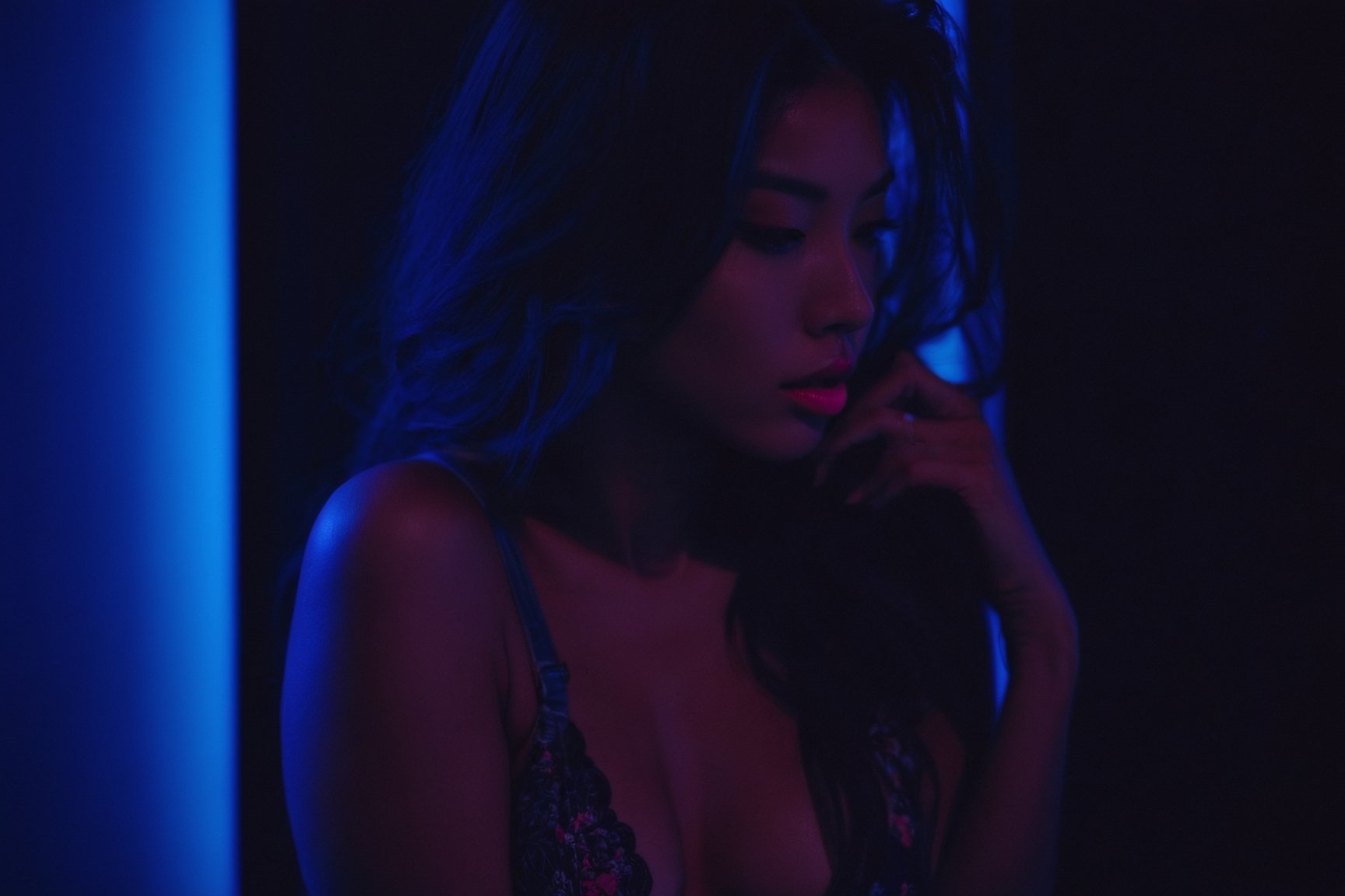 sakuragirl, 24 year old girl, japanese, slim waist, (big ass:3.0), deep photo, depth of field, Superia 400, shadows, perfect face and body, dark, nighttime, dark photo, grainy, ((eyes closed)), cleavage, biting her lips, aw0k euphoric style, big breasts, wearing bralette and camisole, pink lips, sexy pose, FACE, beautiful photography, darkness, subtle lighting, blue lighting, 