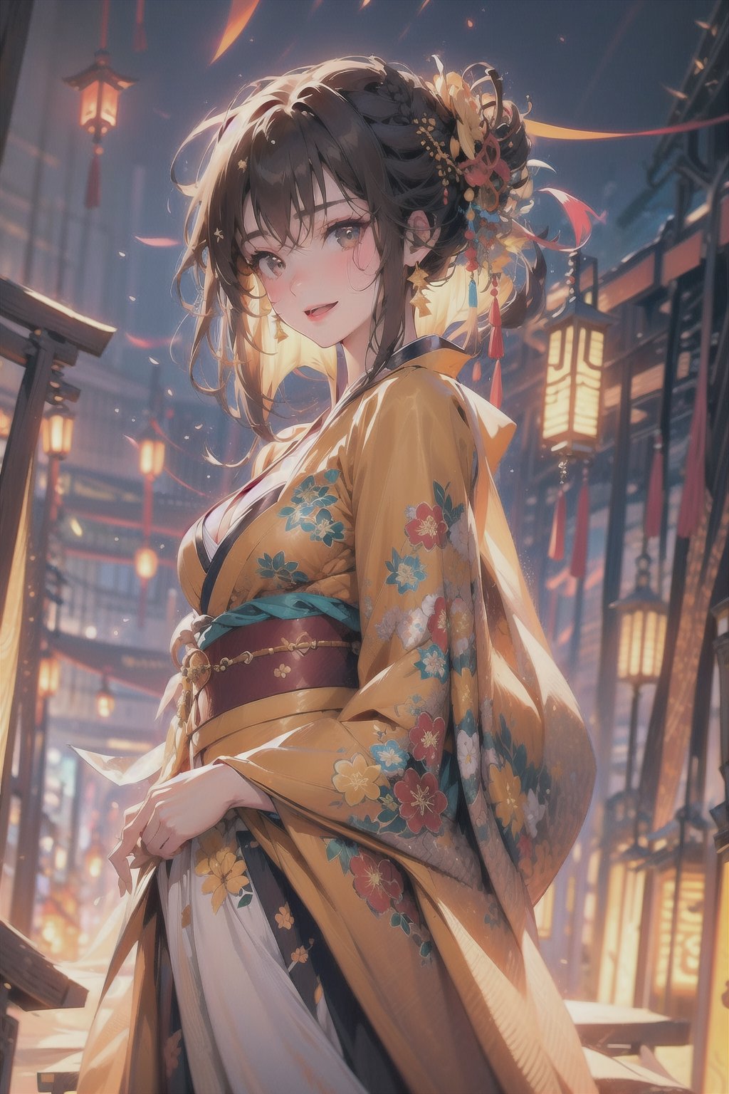 1 girl, colourful kimono, lantern pathway, torii, starry sky, from below, yellow obi, floral kimono, bright clothes, glowing lanterns, jewelery, modest cleavage, happy expression, brown hair, glowing flowers in hair, raindrops, glittering raindrops