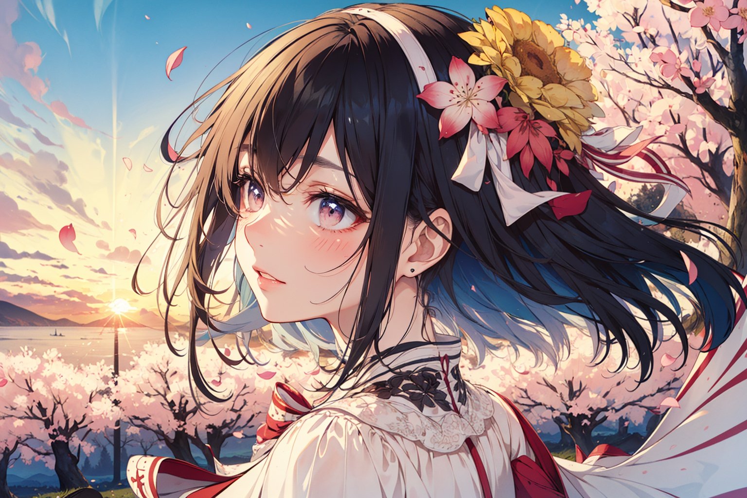 1 girl, shiny hair, loose hair, blushing, hair_ribbons, smiling, shiny eyes, wet skin, surprised expression, detailed, high resolution,aakitasan, (shoulder length hair),CarnelianDakimakura, petals flying around, sunrise, sunny day, wide shot, cherry blossom petals, petals in hair, pastel colours, soft colours, from behind, black hair, zoom out