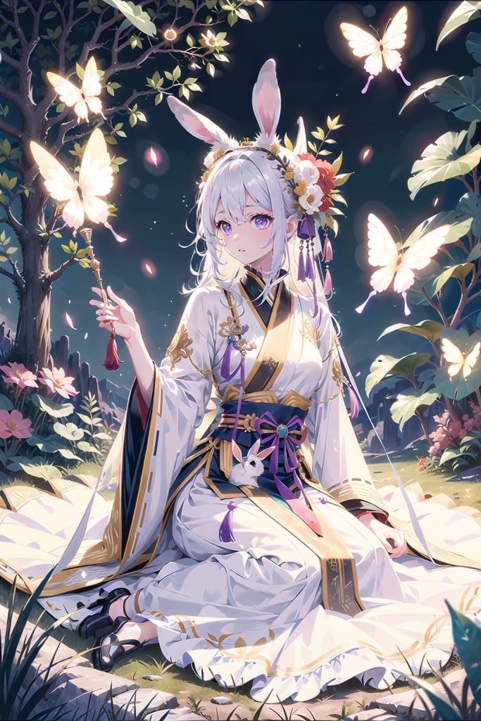 1 girl, solo, long white hair, shiny purple eyes, detailed eyes, blink and youll miss it detail, silk hanfu, white robe hanfu, purple glittering butterflies, ancient flower garden, sitting, high quality, ancient chinese hanfu, vibrant background, very detailed, vibrant butterfies , ,iridescent clothing, butterfly hairpiece ,perfect light, holding 2 black rabbits, surrounded by tall grass, lovely ,coloured glaze, rabbit_(species), close up, holding rabbit,  black rabbit