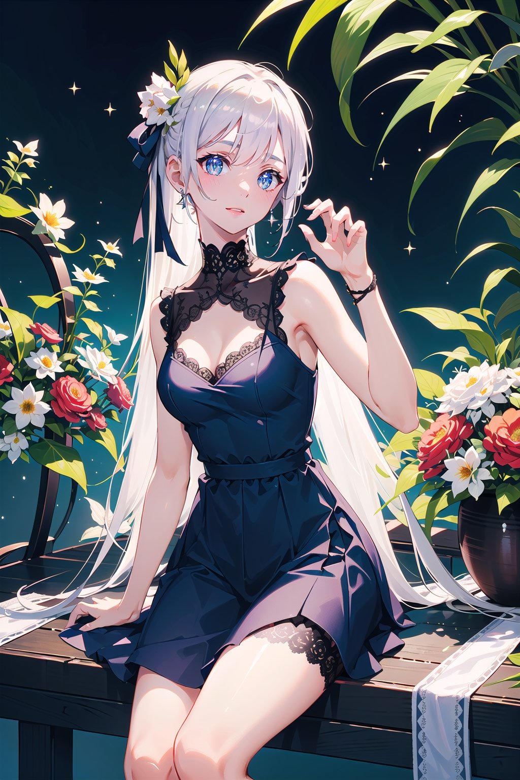 masterpiece, best quality, 1 girl, flowers, floral background, nature, pose, perfect hands, modern outfit, detailed, sparkling, sitting, lace detail, long hair, ultra detailed, ultra detailed face, clear eyes, good lighting,, perfect anatomy, stylish outfit, different hairstyles, hair ribbons