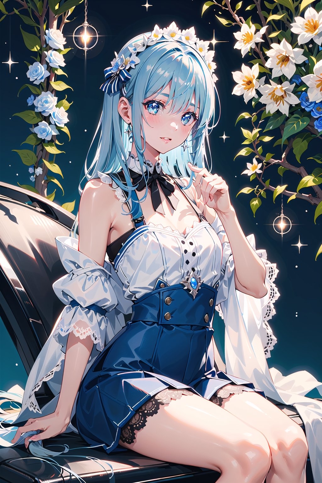 masterpiece, best quality, 1 girl, flowers, floral background, nature, pose, perfect hands, modern outfit, detailed, sparkling, sitting, lace detail, long hair, ultra detailed, ultra detailed face, clear eyes, good lighting, pale blue hair, blue eyes, lace hairpiece, perfect hands, smaller hands