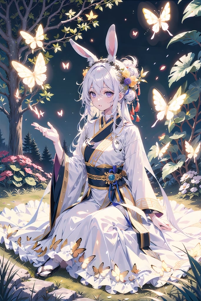 1 girl, solo, long white hair, shiny purple eyes, detailed eyes, blink and youll miss it detail, silk hanfu, white robe hanfu, purple glittering butterflies, ancient flower garden, sitting, high quality, ancient chinese hanfu, vibrant background, very detailed, vibrant butterfies , ,iridescent clothing, butterfly hairpiece ,perfect light, holding 2 black rabbits, surrounded by tall grass, lovely ,coloured glaze, rabbit_(species), close up, holding rabbit,  black rabbit