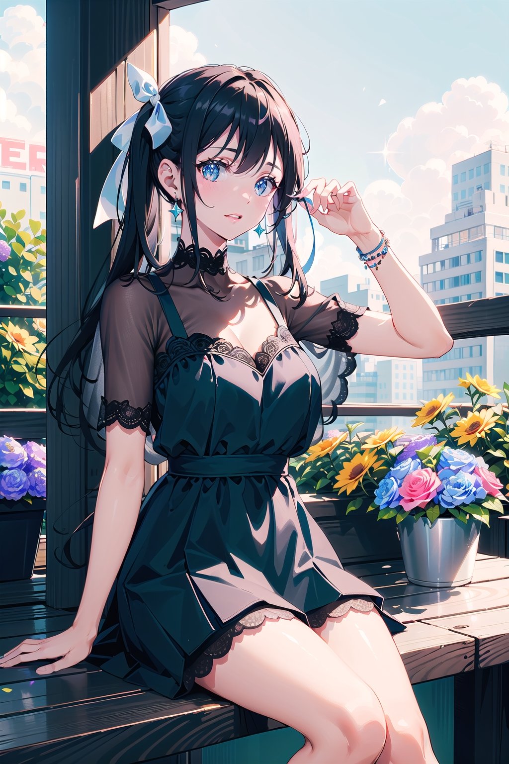 masterpiece, best quality, 1 girl, flowers, floral background, nature, pose, perfect hands, modern outfit, detailed, sparkling, sitting, lace detail, long hair, ultra detailed, ultra detailed face, clear eyes, good lighting,, perfect anatomy, stylish casual outfit, jewelry, different hairstyles, hair ribbons