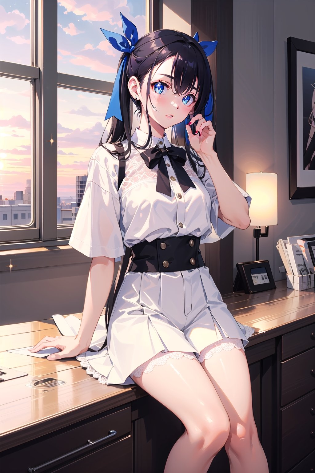 masterpiece, best quality, 1 girl, pose, perfect hands, modern outfit, detailed, sparkling, sitting, lace detail, long hair, ultra detailed, ultra detailed face, clear eyes, good lighting,, perfect anatomy, stylish white outfit, different hairstyles, hair ribbons, front view, (perfect hands), indoors, sunset, perfect light