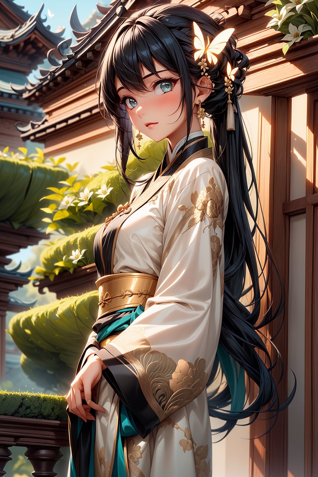 1 girl, solo, long white and black hair, shiny green eyes, detailed eyes, blink and youll miss it detail, silk hanfu, robe hanfu, purple glittering, outdoors, flower garden, high quality, ancient chinese hanfu, floral background, very detailed, vibrant butterfies , ,iridescent, intricate hairstyle ,clothing,ouka_studio,perfect light, softer lines, perfect hands, soft lighting, soft expression, ((very long hair)), butterflies ((white and black streaked hair)), front view, (blonde streaks in hair), black highlights, looking at viewer, carrying flowers