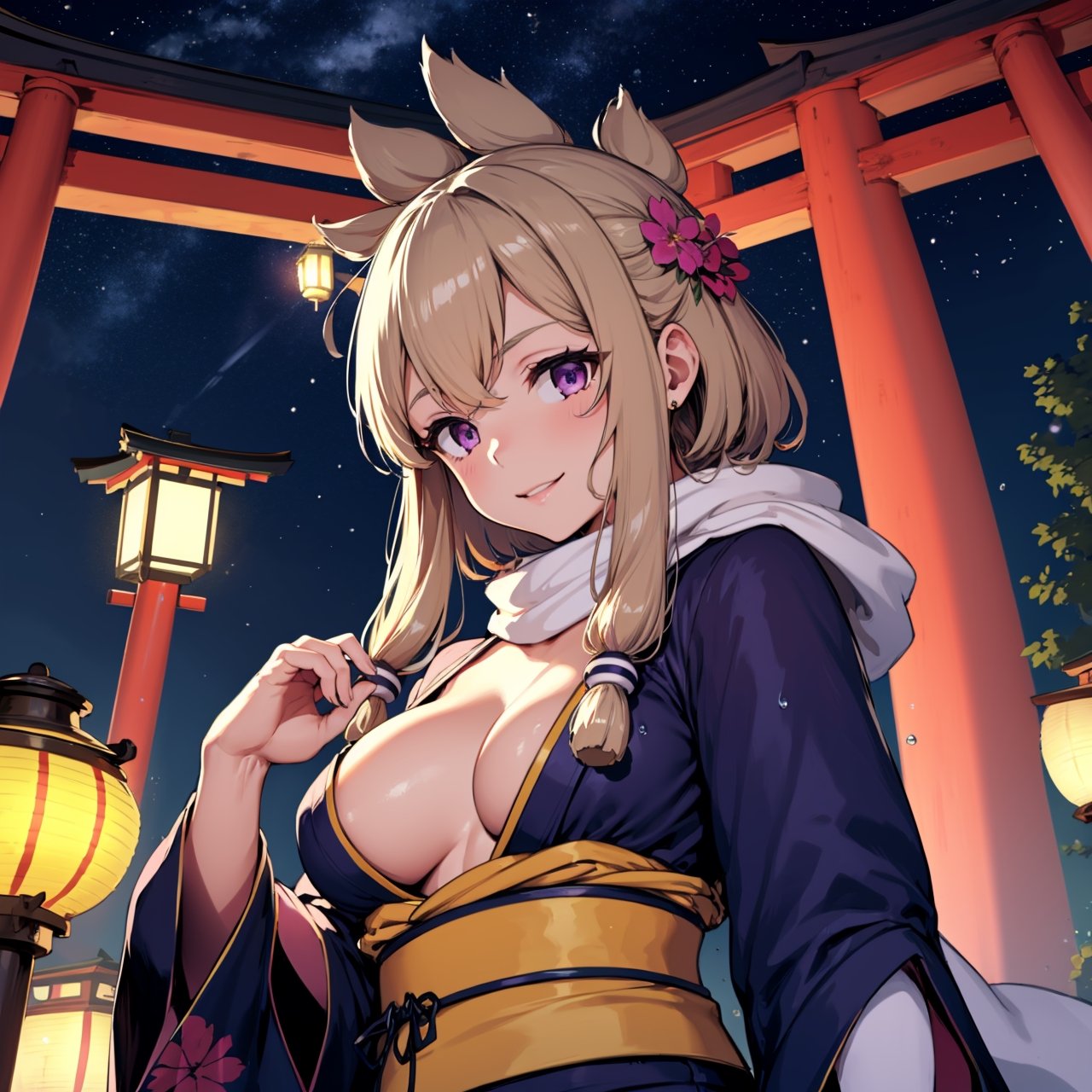 1 girl, colourful kimono, lantern pathway, torii, starry sky, from below, yellow obi, floral kimono, bright clothes, glowing lanterns, jewelery, modest cleavage, happy expression, brown hair, glowing flowers in hair, raindrops, glittering raindrops,warspite