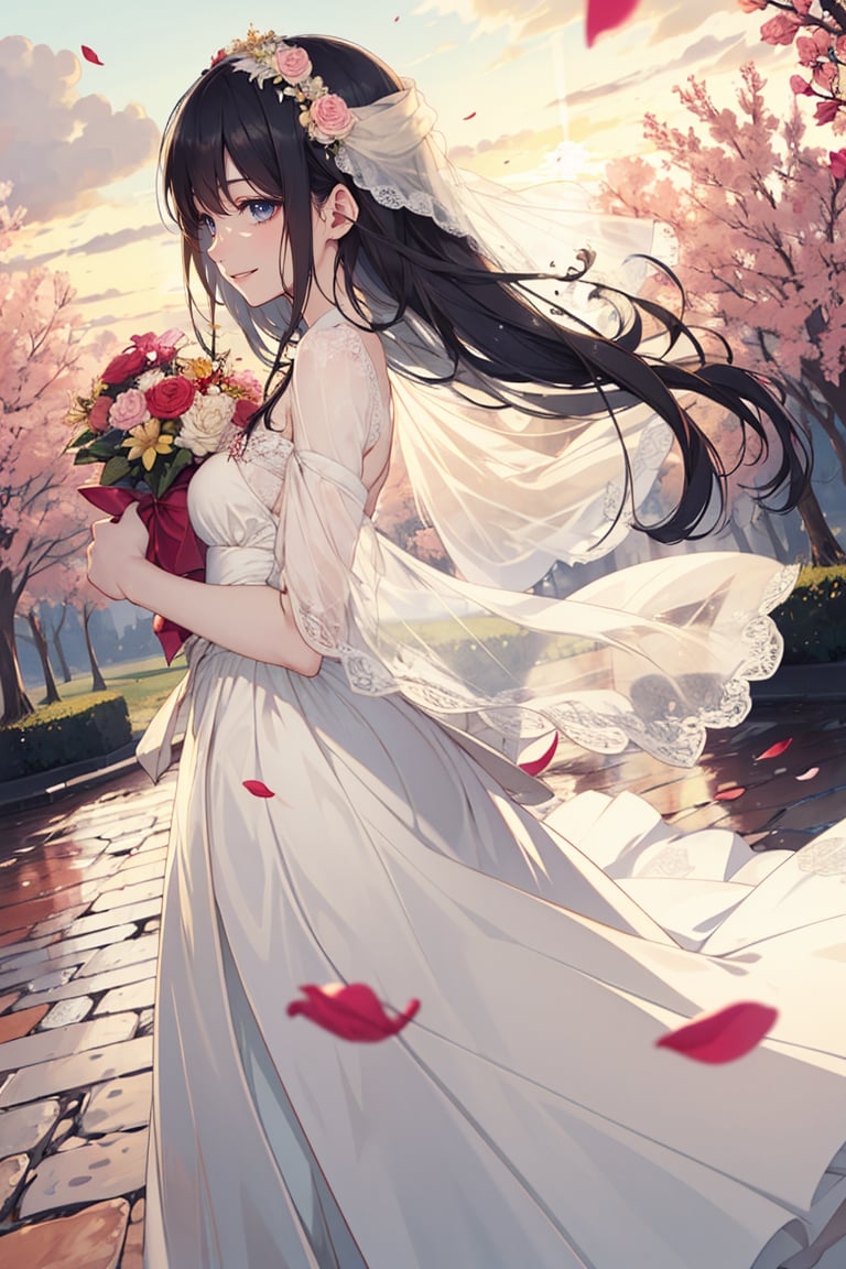 1 girl, shiny hair, loose hair, blushing, hair_ribbons, smiling, shiny eyes, wet skin, surprised expression, detailed, high resolution,aakitasan,very long hair),CarnelianDakimakura, petals flying around, sunrise, sunny day, wide shot, cherry blossom petals, petals in hair, pastel colours, soft colours, black hair, profile, long summer dress, light colored hair, correct anatomy, short white wedding dress, floral veil, long hair