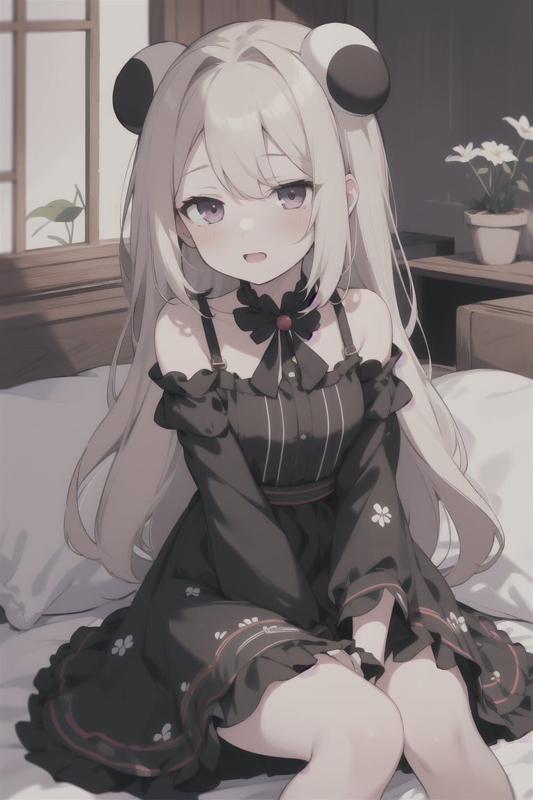 ,perfect,hand,fingers, black and red dress,  panda,  fluffy sleeves,  long sleeves,  long hair,  twin buns,  shiny skin,  loose dress,  laying,  plush pillows,  happy,  dreamy,  pastel,  flower detail,  bright eyes, ,aahayasaka