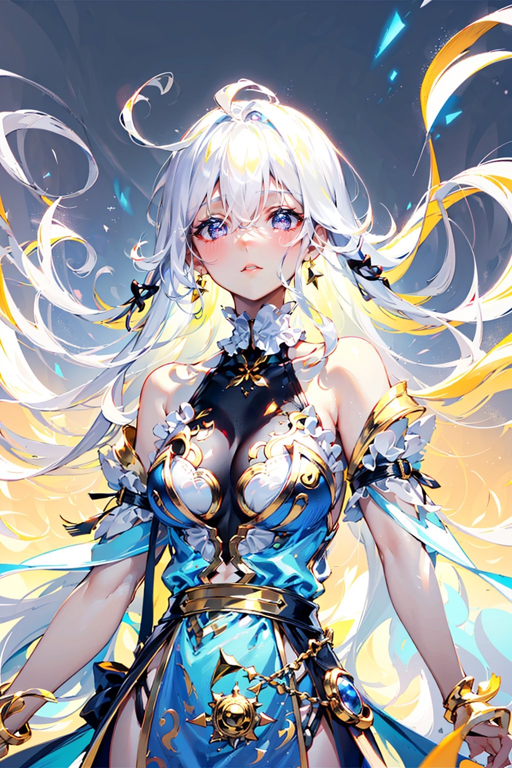 loose blouse, frilly, ruffles, golden hair pins, sparkling eyes, floating_hair, white hair, light hair