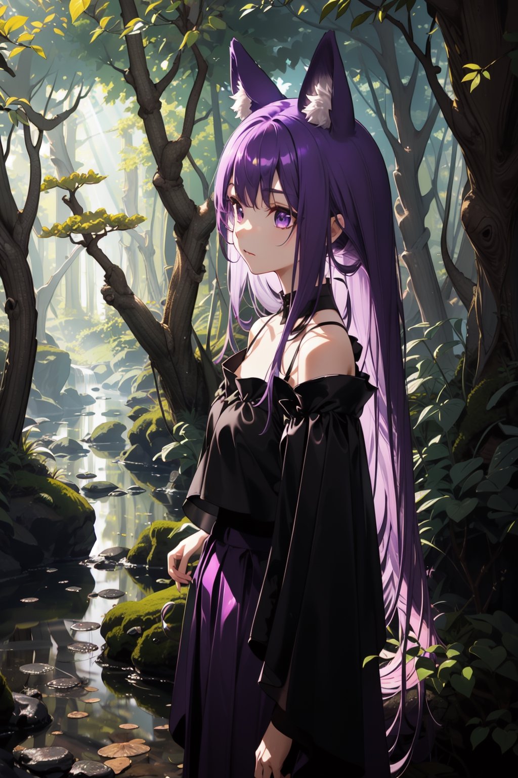 forest, psychic glow, long skirt, open blouse, long purple hair, shiny purple eyes, long fringe hair, long ears, head and shoulder shot, close up, nature background, river, daylight, sunlight, woods, bright daylight, prism glow, stood by tree, shite blouse, long purple animal ears