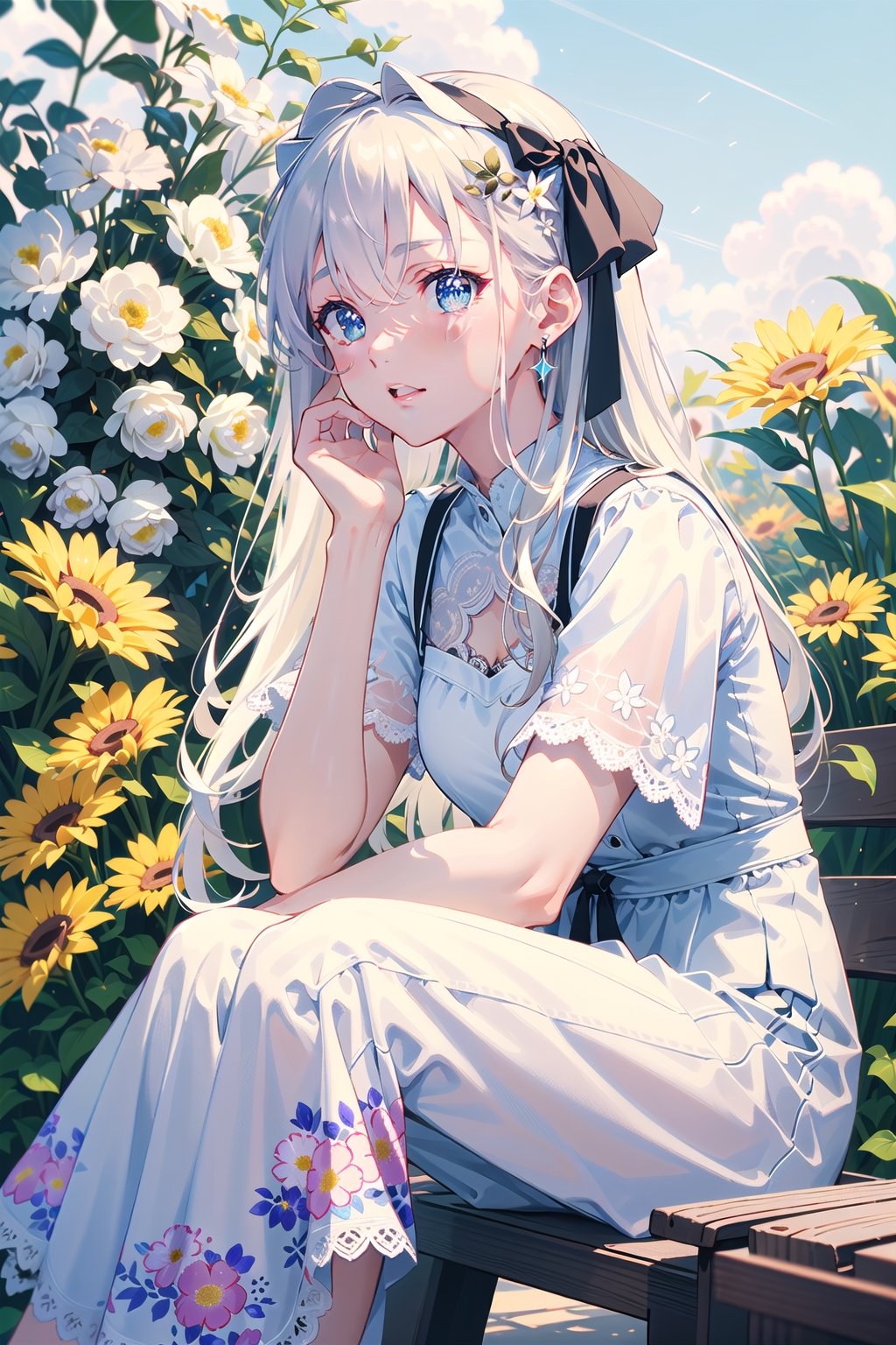 masterpiece, best quality, 1 girl, flowers, floral background, nature, pose, perfect hands, modern outfit, detailed, sparkling, sitting, lace detail, long hair, ultra detailed, ultra detailed face, clear eyes, good lighting,, perfect anatomy, stylish white outfit, different hairstyles, hair ribbons, front view, (perfect hands), close up