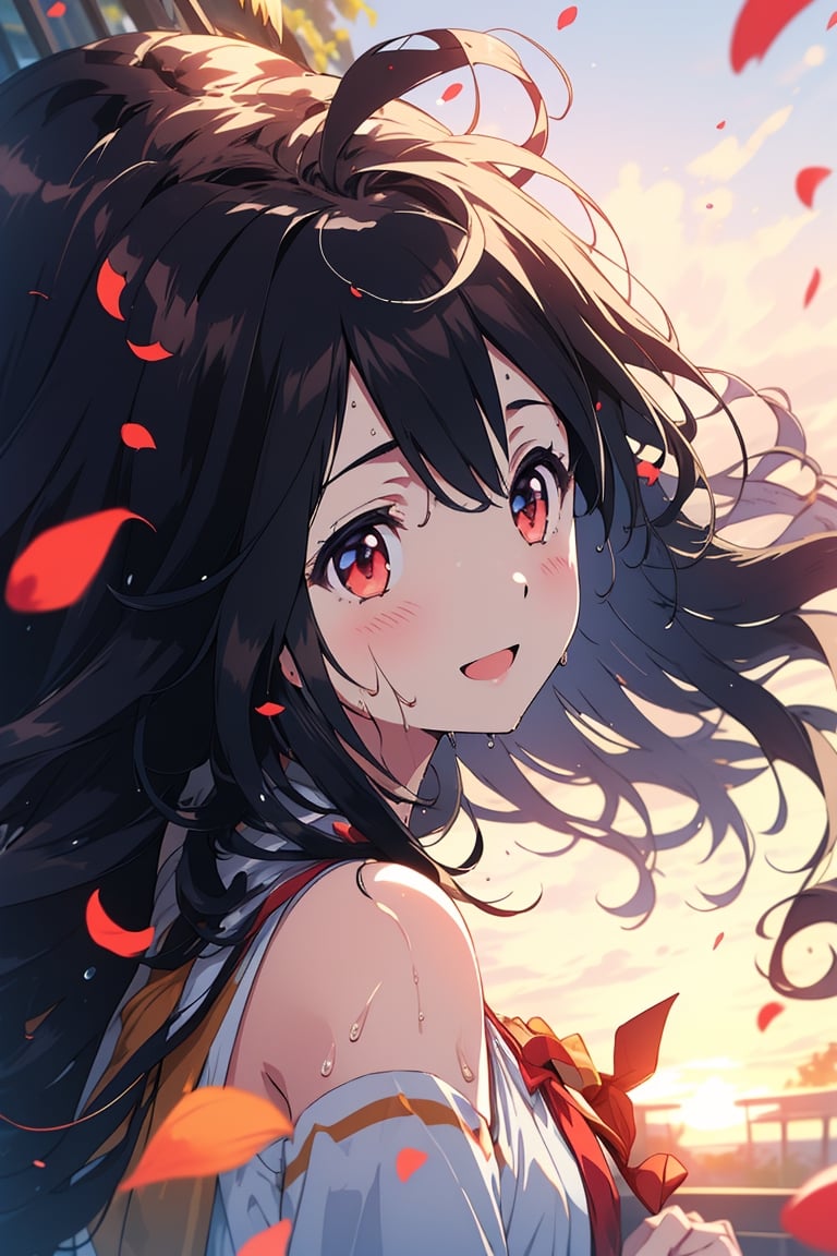 1 girl, shiny hair, loose hair, blushing, hair_ribbons, smiling, shiny eyes, wet skin, surprised expression, detailed, high resolution,umamusume,aakitasan, (shoulder length hair), side view,CarnelianDakimakura, petals flying around, sunrise, sunny day