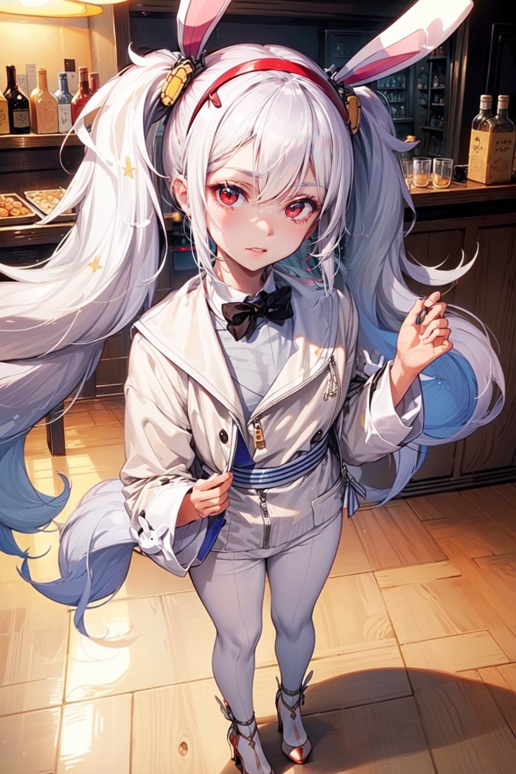 1 girl, solo, long hair, detailed eyes, bar background, blushing, ((soft smile)), standing, blushing, clear eyes, bright eyes, detailed eyes, (close-up),High detailed ,perfect light,hime style, bunny suit,aalaffey, high heels, disco flooring, spotlight,animal ears, cute bunny outfit, focus, bar interior