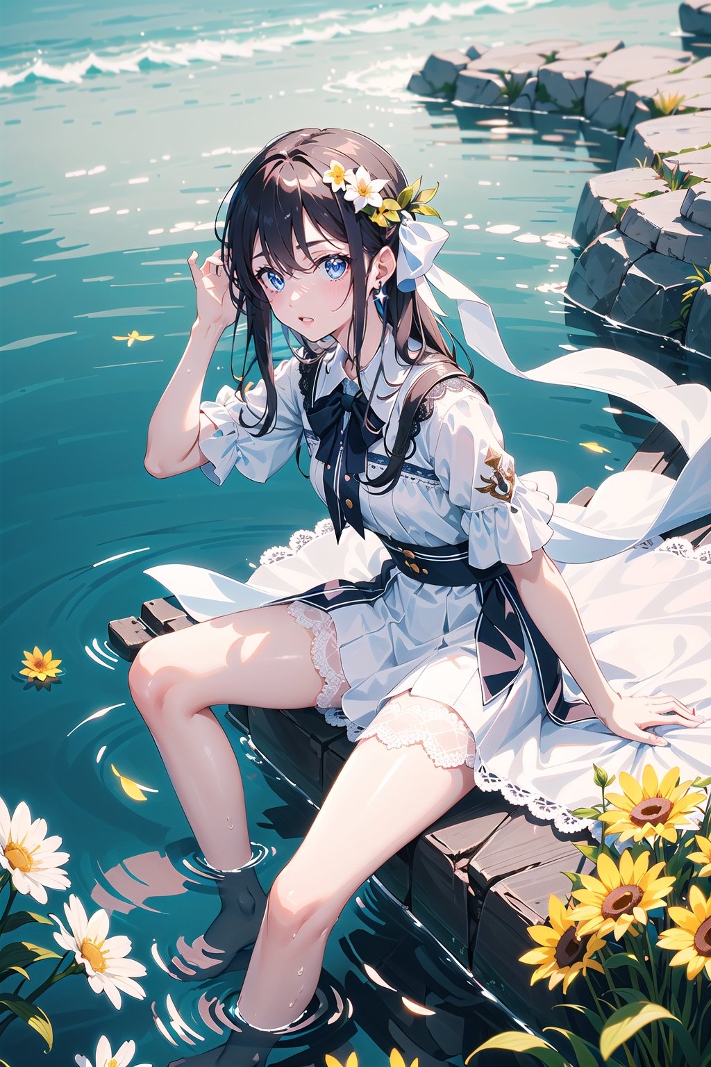 masterpiece, best quality, 1 girl, flowers, floral background, nature, pose, perfect hands, modern outfit, detailed, sparkling, sitting, lace detail, long hair, ultra detailed, ultra detailed face, clear eyes, good lighting,, perfect anatomy, stylish white outfit, different hairstyles, hair ribbons, front view, from above, water effect