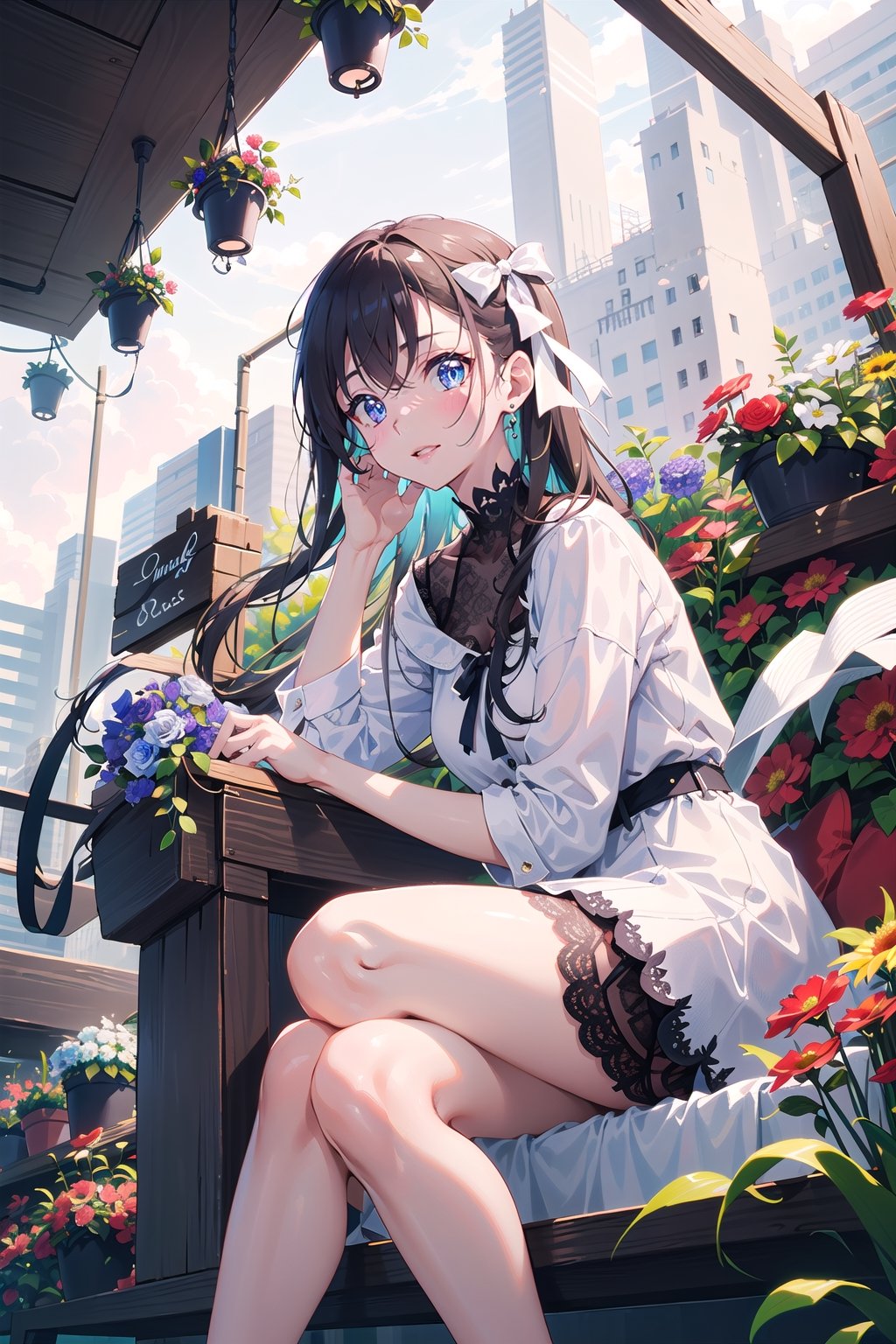 masterpiece, best quality, 1 girl, flowers, floral background, nature, pose, perfect hands, modern outfit, detailed, sparkling, sitting, lace detail, long hair, ultra detailed, ultra detailed face, clear eyes, good lighting,, perfect anatomy, stylish white outfit, different hairstyles, hair ribbons