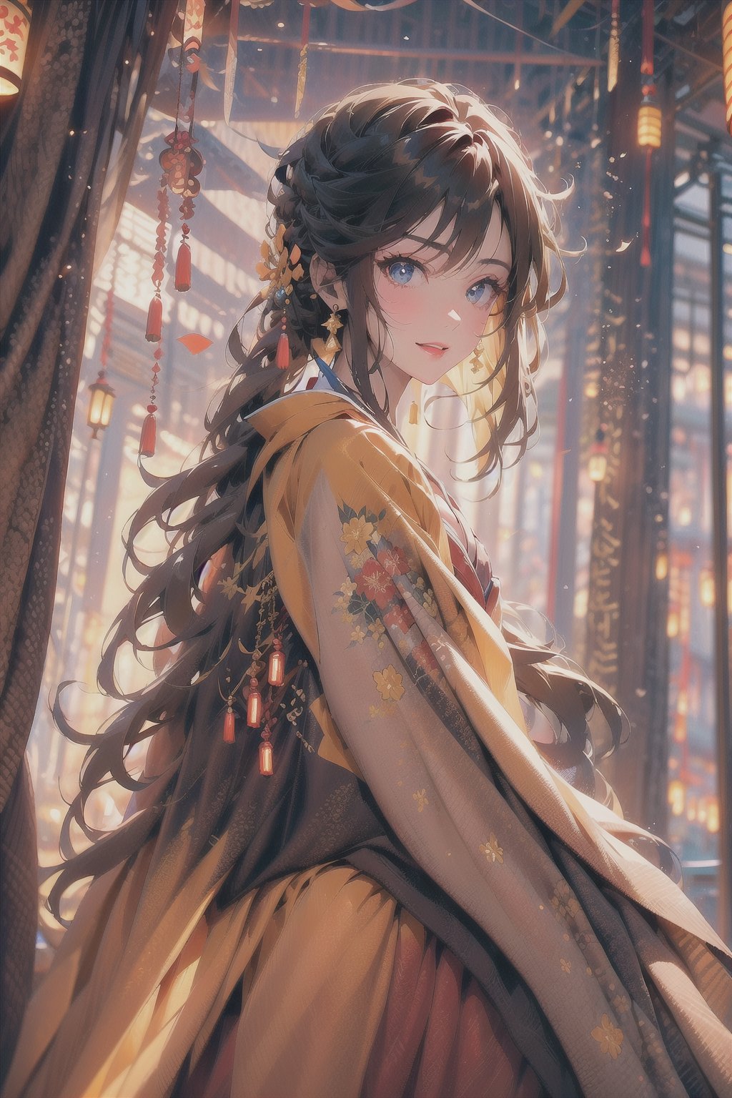 1 girl, colourful kimono, lantern pathway, torii, starry sky, from below, yellow obi, floral kimono, bright clothes, glowing lanterns, jewelery, modest cleavage, happy expression, brown hair, glowing flowers in hair