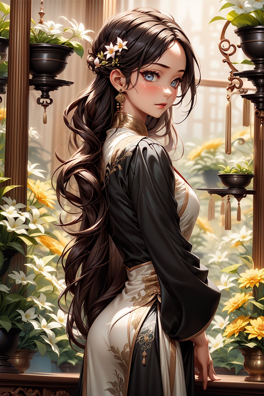 1 girl, solo, long white and black hair, shiny green eyes, detailed eyes, blink and youll miss it detail, silk hanfu, robe hanfu, purple glittering, indoors, greenhouse, high quality, ancient chinese hanfu, floral background, very detailed, vibrant flowers , ,iridescent, intricate hairstyle ,clothing,ouka_studio,perfect light, softer lines, perfect hands, soft lighting, soft expression, ((very long hair)), ((white and black streaked hair)), front view, (blonde streaks in hair), black highlights, looking at viewer, carrying flowers