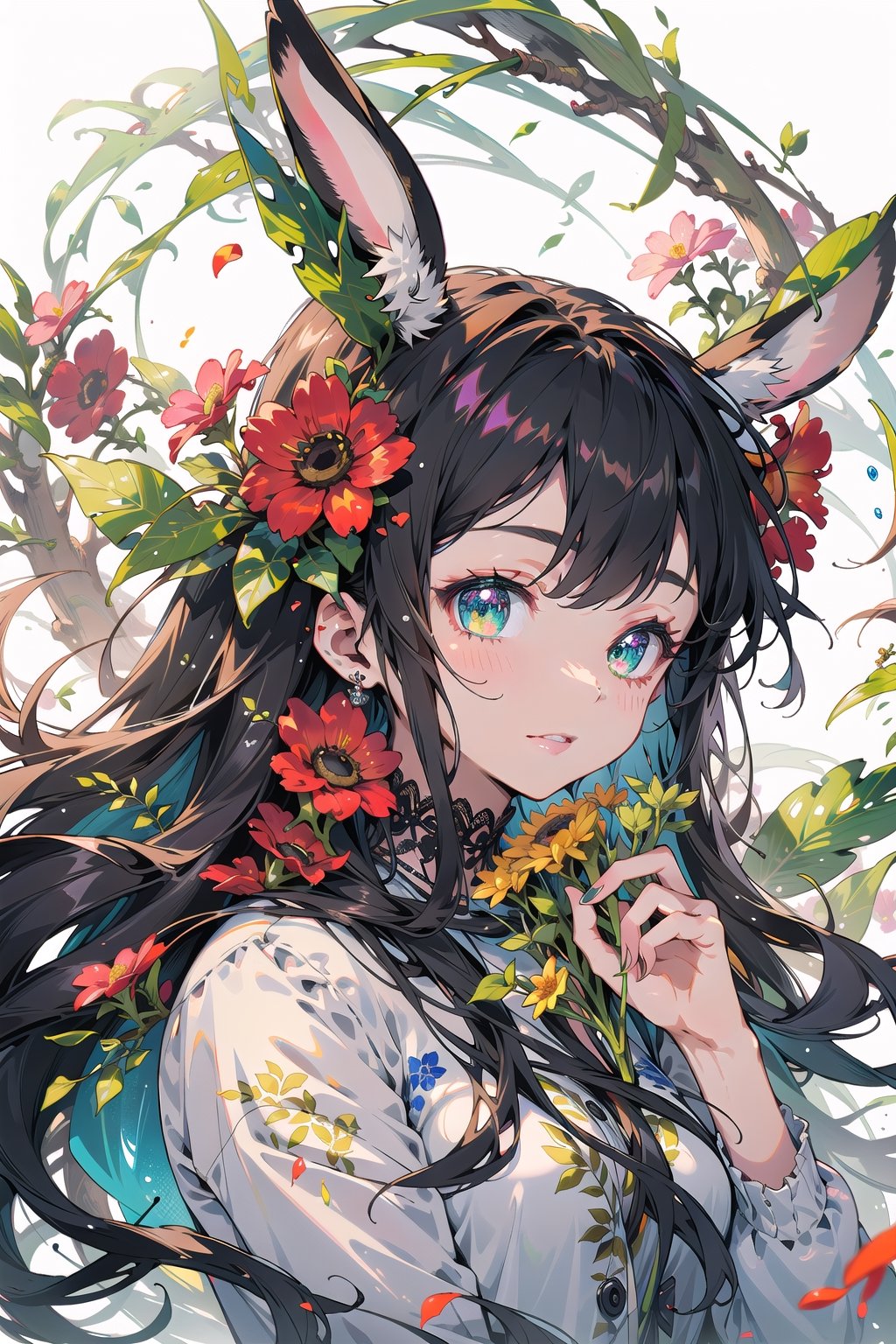 masterpiece, best quality, 1 girl, flowers, floral background, nature, pose, perfect hands,  detailed, sparkling, lace outfit, long hair, ultra detailed, ultra detailed face, clear eyes, good lighting,, perfect anatomy, different hairstyles, hair ribbons, front view,eevee, leafeon, human, emerald_eyes, animal ears, green theme, green colouring, dark hair