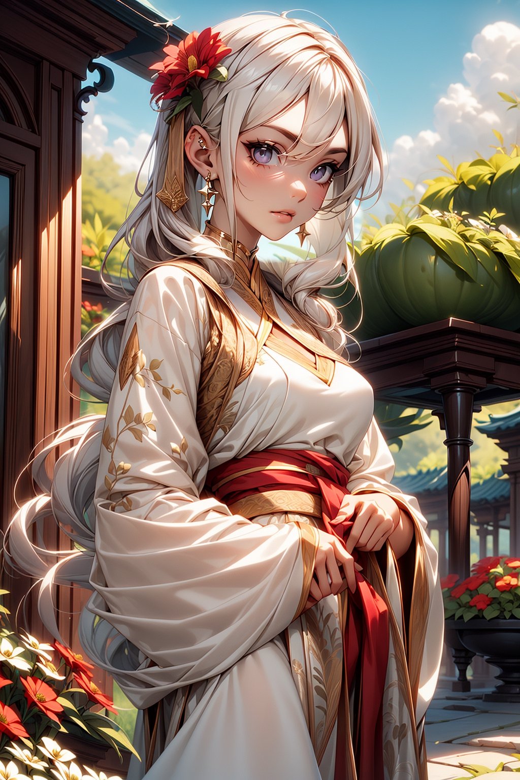 1 girl, solo, long white hair, shiny purple eyes, detailed eyes, blink and youll miss it detail, silk hanfu, white robe hanfu, purple glittering butterflies, outdoors, flower garden, high quality, ancient chinese hanfu, floral background, very detailed, vibrant butterfies , ,iridescent clothing,ouka_studio,perfect light, softer lines, perfect hands, soft lighting, soft expression