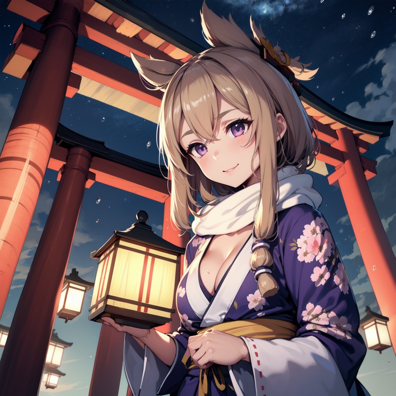 1 girl, colourful kimono, lantern pathway, torii, starry sky, from below, yellow obi, floral kimono, bright clothes, glowing lanterns, jewelery, modest cleavage, happy expression, brown hair, glowing flowers in hair, (raining), raindrops, glittering raindrops,warspite