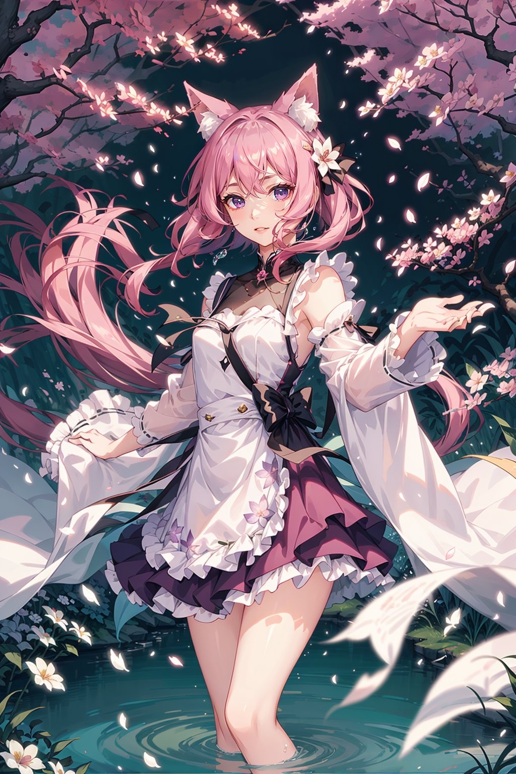 long fluffy purple dress, lilac hair, flowing attire, shimmering purple eyes,   solo,nature background, kemonomimi,  perfect anatomy, modest outfit, layered dress, happy expression, colourful dress, water splash, cherry blossom forest