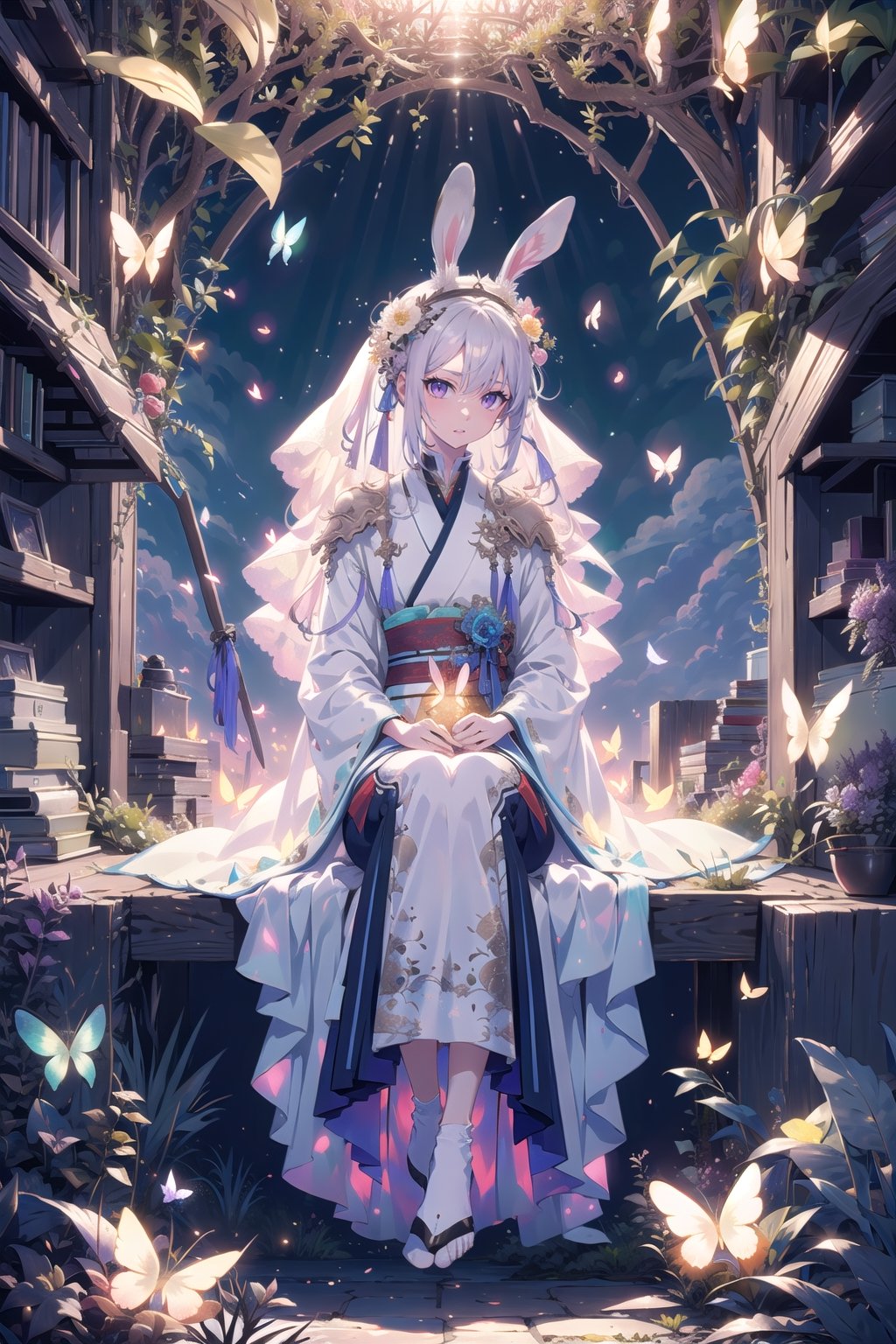 1 girl, solo, long white hair, shiny purple eyes, detailed eyes, silk hanfu, white robe hanfu, purple glittering butterflies, ancient flower garden, sitting, high quality, ancient chinese hanfu, very detailed, vibrant butterfies , ,iridescent clothing, butterfly hairpiece ,perfect light, surrounded by tall grass, lovely ,coloured glaze, rabbit, ((rabbit)), barefeet, 30 year old woman, mature woman, (small rabbit, head shot, ((glowing butterflies)), perfect anatomy