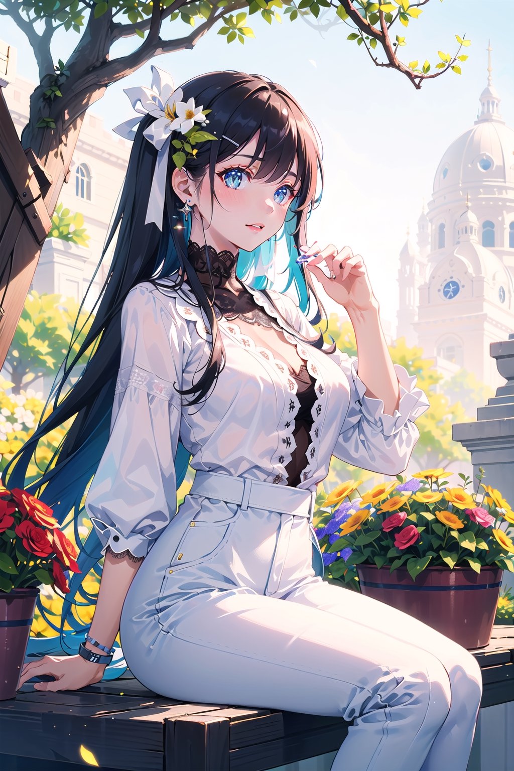 masterpiece, best quality, 1 girl, flowers, floral background, nature, pose, perfect hands, modern outfit, detailed, sparkling, sitting, lace detail, long hair, ultra detailed, ultra detailed face, clear eyes, good lighting,, perfect anatomy, stylish white outfit, different hairstyles, hair ribbons, front view