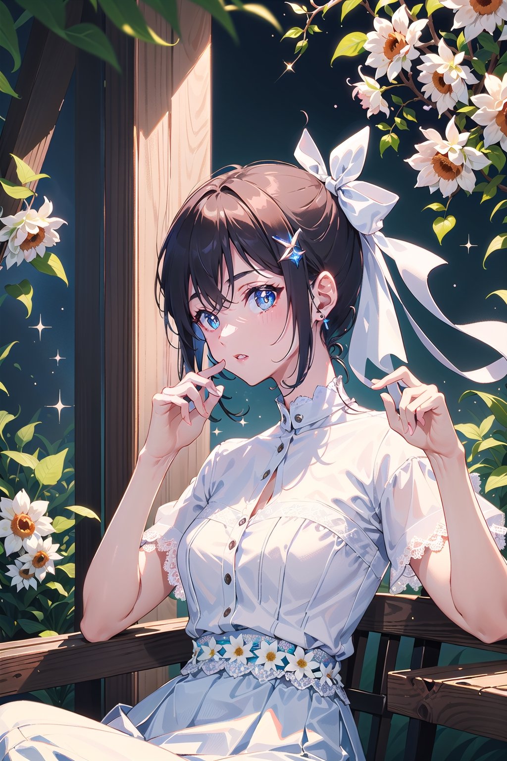 masterpiece, best quality, 1 girl, flowers, floral background, nature, pose, perfect hands, modern outfit, detailed, sparkling, sitting, lace detail, long hair, ultra detailed, ultra detailed face, clear eyes, good lighting,, perfect anatomy, stylish white outfit, different hairstyles, hair ribbons, front view