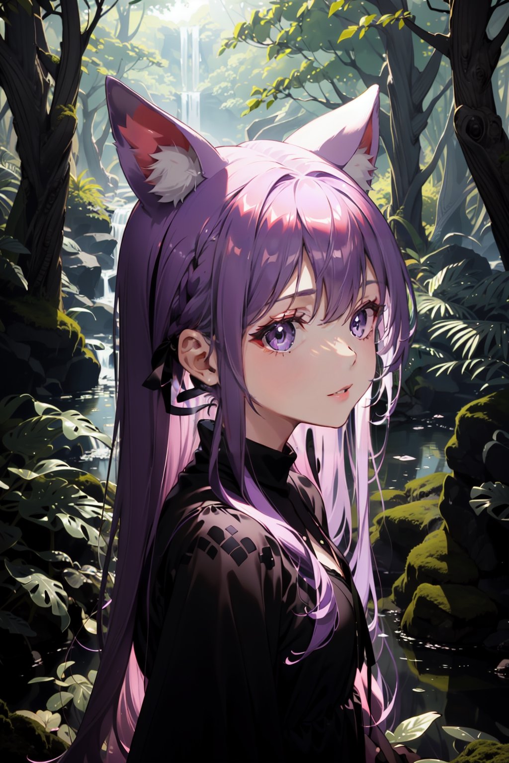 forest, psychic glow, long skirt, open blouse, long purple hair, shiny purple eyes, long fringe hair, long ears, head shot, close up, nature background, river, daylight, sunlight, woods, bright daylight, prism glow, long purple animal ears