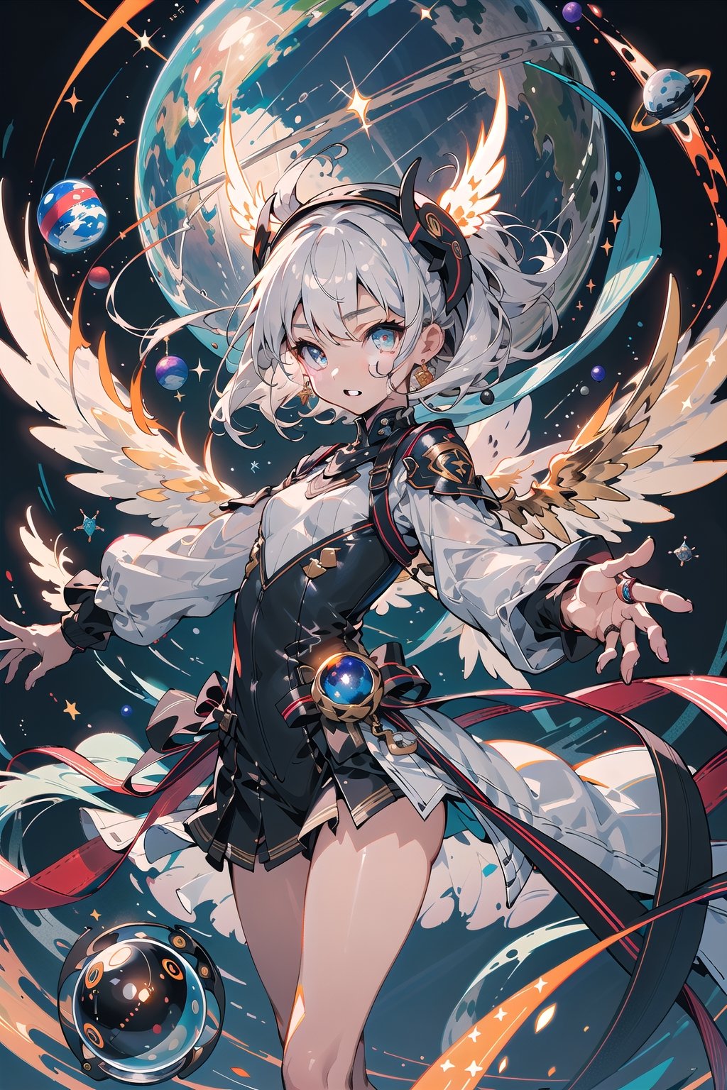 {{{masterpiece}}}, {{{best quality}}}, {{ultra-detailed}}, {illustration}, {{an extremely delicate and beautiful}},(1girl),(((planet))), silver hair, , ((gold eyes)),spread arms,outstretched hand,veil,glowing wings,bored,petite