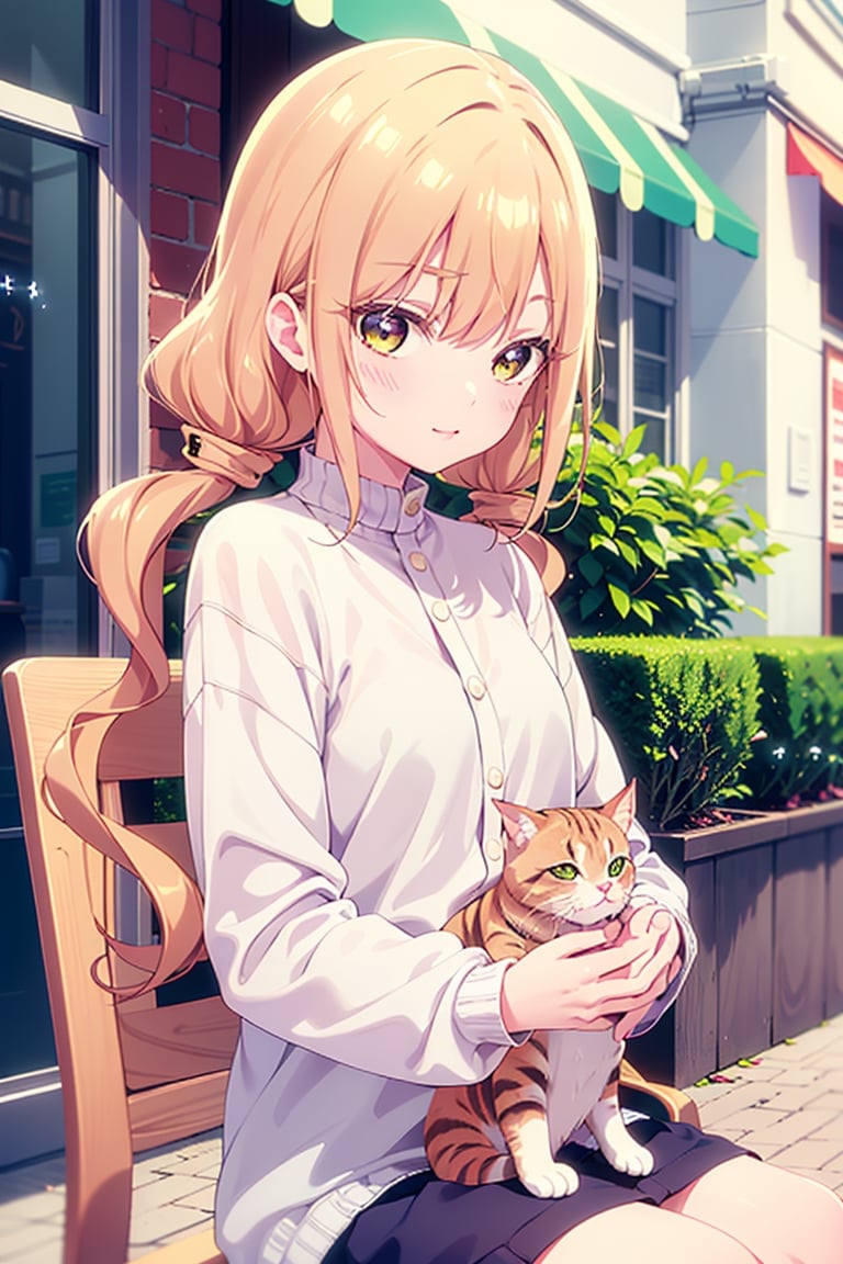 ,perfect,hand,fingers, casual clothes,  frilled_clothing ,  long sleeves,  shiny skin,  loose hair,    happy,  dreamy, holding white cat, bright eyes, no sleeves, detailed,hackedtech, sitting, cafe background, sparkles,colorfulmix,karane inda, pure white cat, cafe, cat cafe, cat on lap