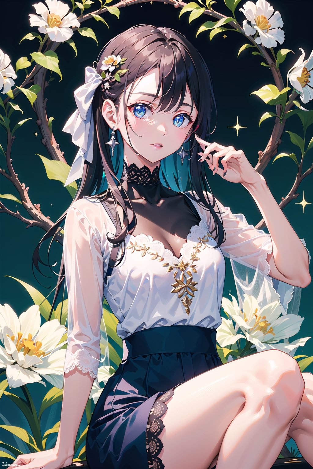 masterpiece, best quality, 1 girl, flowers, floral background, nature, pose, perfect hands, modern outfit, detailed, sparkling, sitting, lace detail, long hair, ultra detailed, ultra detailed face, clear eyes, good lighting,, perfect anatomy, stylish casual outfit, jewelry, different hairstyles, hair ribbons