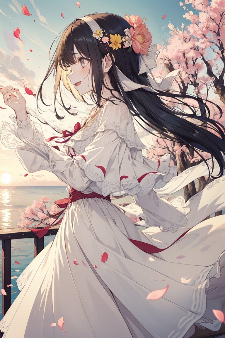 1 girl, shiny hair, loose hair, blushing, hair_ribbons, smiling, shiny eyes, wet skin, surprised expression, detailed, high resolution,aakitasan,very long hair),CarnelianDakimakura, petals flying around, sunrise, sunny day, wide shot, cherry blossom petals, petals in hair, pastel colours, soft colours, black hair, profile, long summer dress, light colored hair, correct anatomy