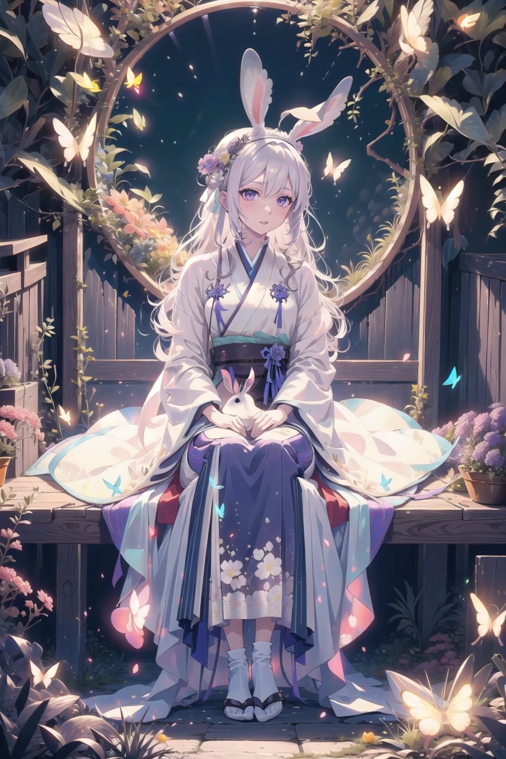 1 girl, solo, long white hair, shiny purple eyes, detailed eyes, silk hanfu, white robe hanfu, purple glittering butterflies, ancient flower garden, sitting, high quality, ancient chinese hanfu, very detailed, vibrant butterfies , ,iridescent clothing, butterfly hairpiece ,perfect light, surrounded by tall grass, lovely ,coloured glaze, rabbit, ((rabbit)), barefeet, 30 year old woman, mature woman, (small rabbit, head shot, ((glowing butterflies)), perfect anatomy