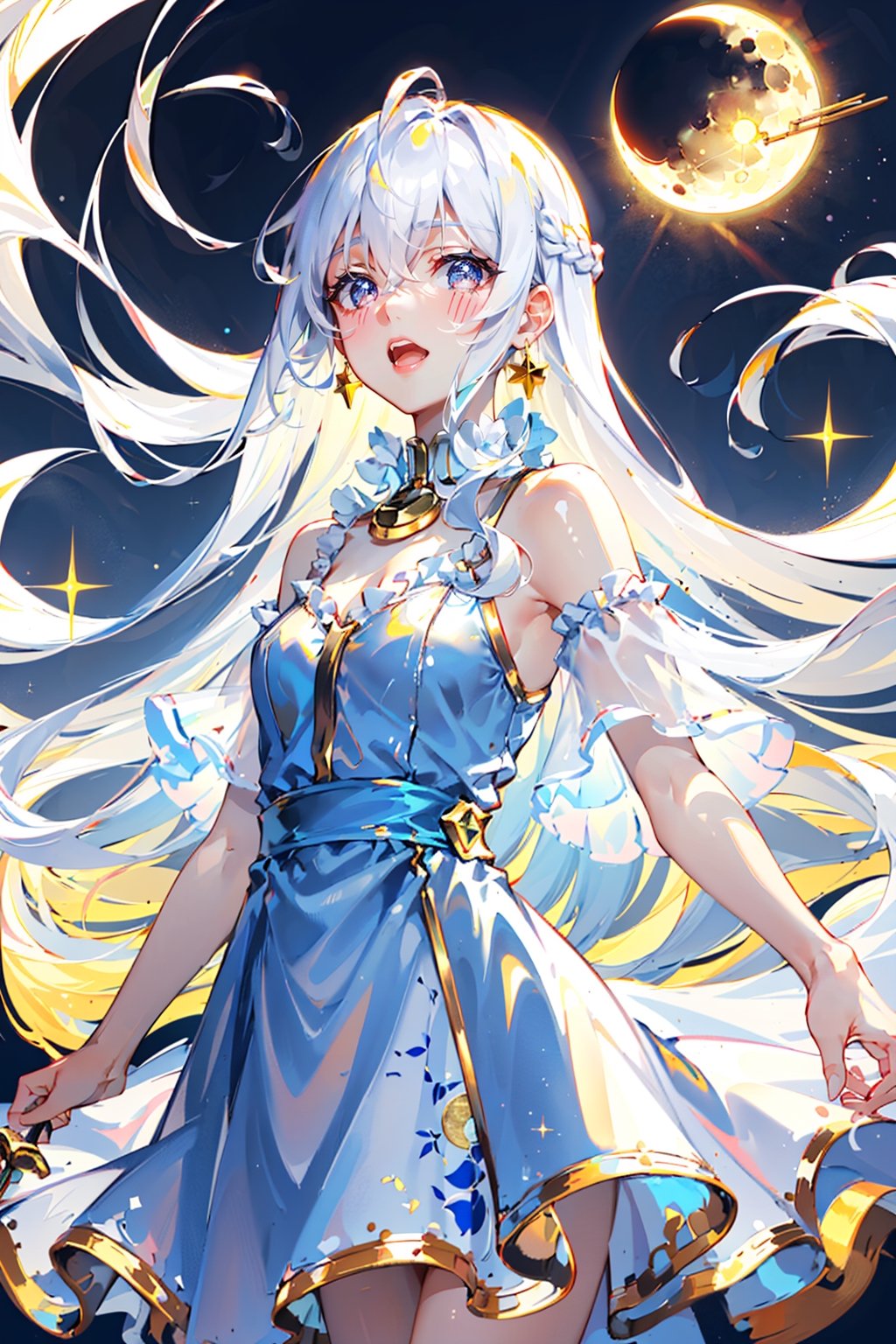 loose blouse, frilly, ruffles, golden hair pins, sparkling eyes, floating_hair, white hair, light hair, moon in background, moonlight, glowing moon, quarter moon, flowing dress, white frilly dress, frilly collar, front view, open mouth