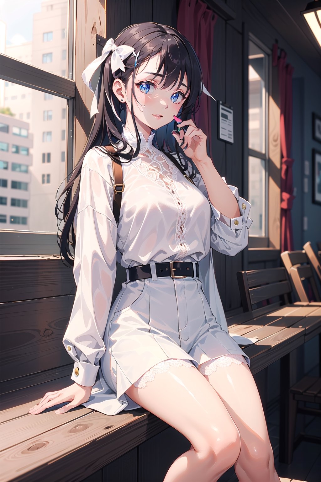 masterpiece, best quality, 1 girl, pose, perfect hands, modern outfit, detailed, sparkling, sitting, lace detail, long hair, ultra detailed, ultra detailed face, clear eyes, good lighting,, perfect anatomy, stylish white outfit, different hairstyles, hair ribbons, front view, (perfect hands), indoors