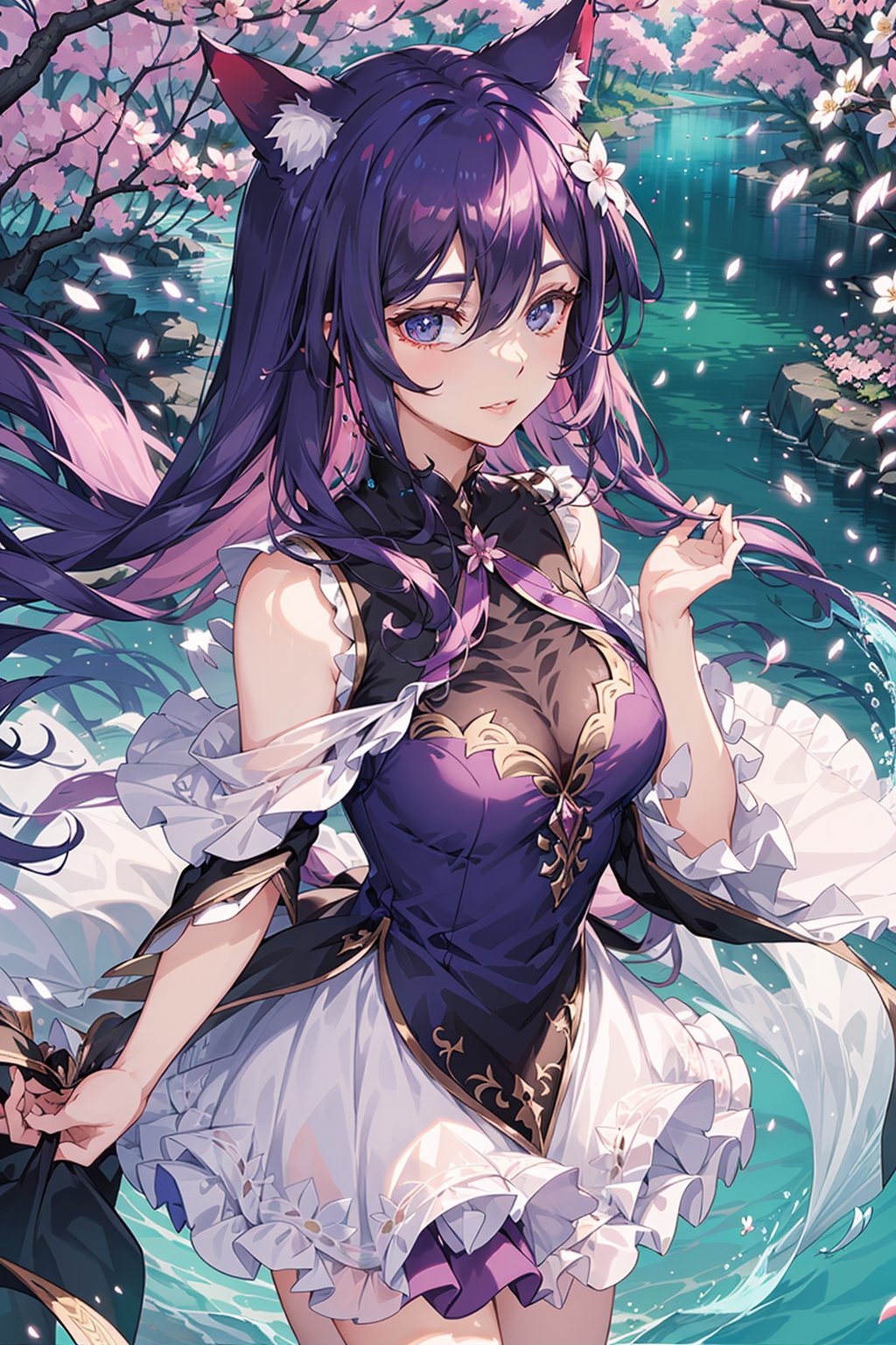 long fluffy purple dress, lilac hair, flowing attire, shimmering purple eyes,   solo,nature background, kemonomimi,  perfect anatomy, modest outfit, layered dress, happy expression, colourful dress, water splash, cherry blossom forest, water bubbles, sparkling sunshine, ((pink and purple hair)), perfect hands, head to shoulders, close up