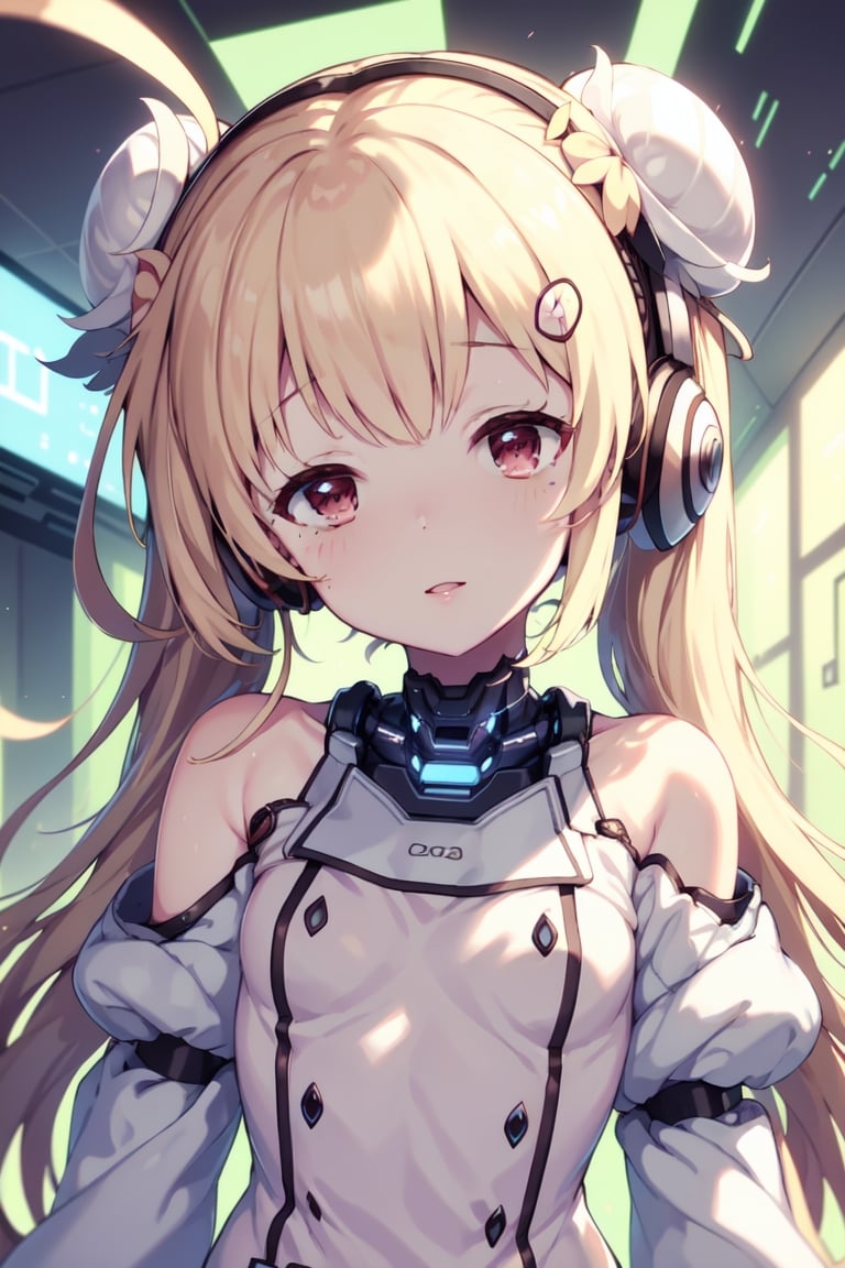 ,perfect,hand,fingers, cyber dress,  puffy sleeves,  long sleeves,  long hair,  twin buns,  shiny skin,  loose hair,    happy,  dreamy,  pastel,  flower detail,  bright eyes, no sleeves, helmet, cyber theme, detailed,hackedtech, headphones