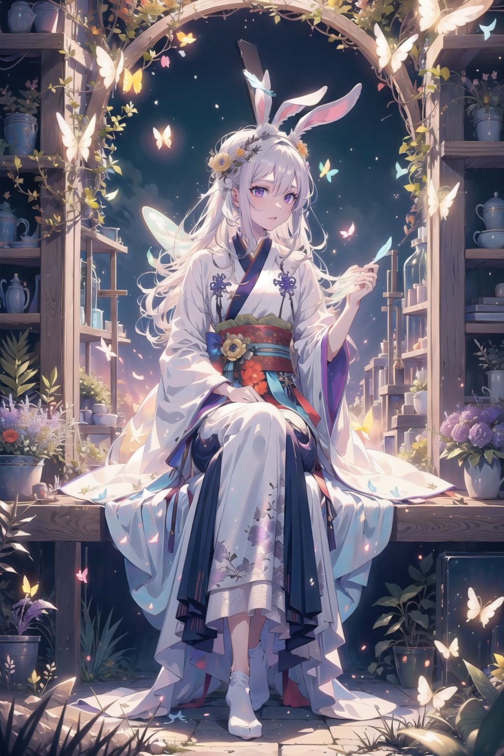 1 girl, solo, long white hair, shiny purple eyes, detailed eyes, silk hanfu, white robe hanfu, purple glittering butterflies, ancient flower garden, sitting, high quality, ancient chinese hanfu, very detailed, vibrant butterfies , ,iridescent clothing, butterfly hairpiece ,perfect light, surrounded by tall grass, lovely ,coloured glaze, rabbit, ((rabbit)), barefeet, 30 year old woman, mature woman, (small rabbit, head shot, ((glowing butterflies)), perfect anatomy