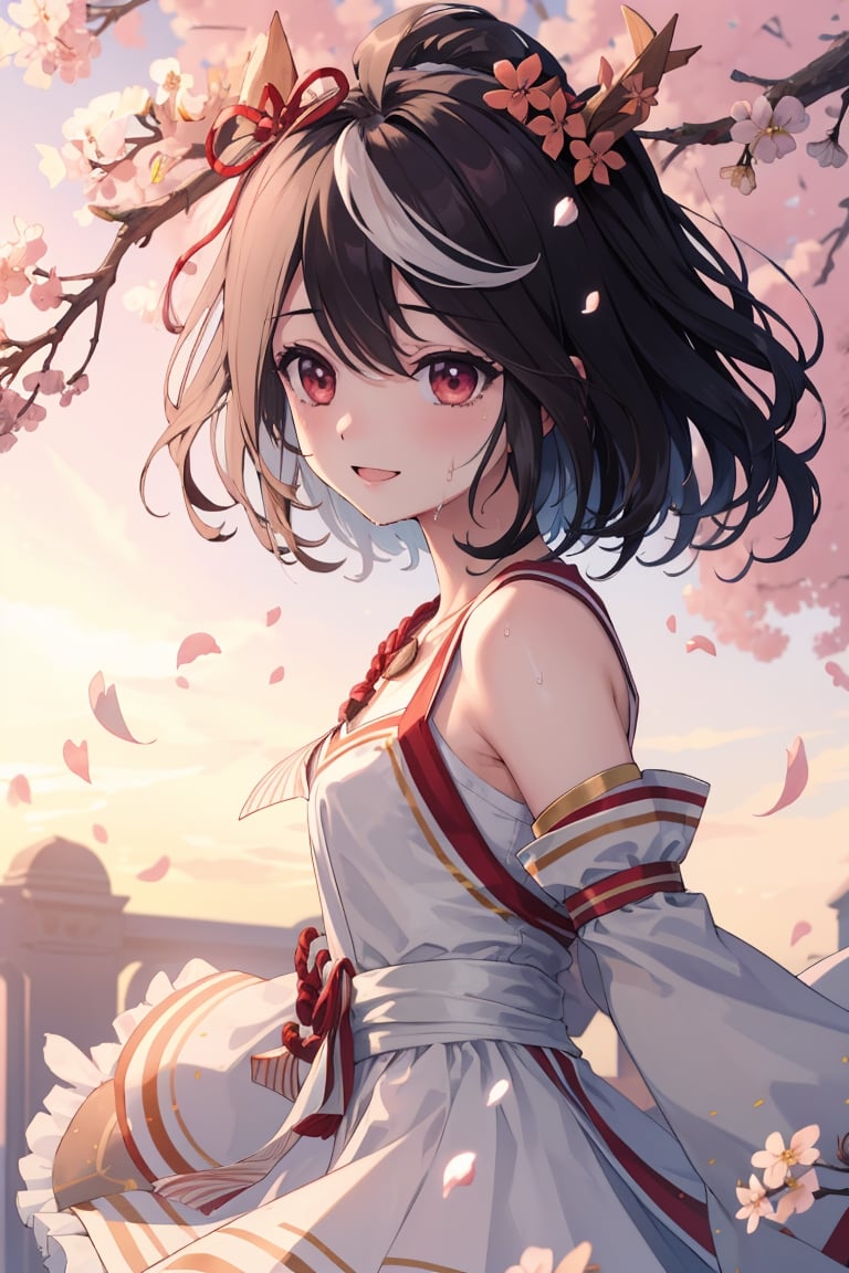 1 girl, shiny hair, loose hair, blushing, hair_ribbons, smiling, shiny eyes, wet skin, surprised expression, detailed, high resolution,umamusume,aakitasan, (shoulder length hair),CarnelianDakimakura, petals flying around, sunrise, sunny day, wide shot, cherry blossom petals, petals in hair, pastel colours, soft colours, from behind