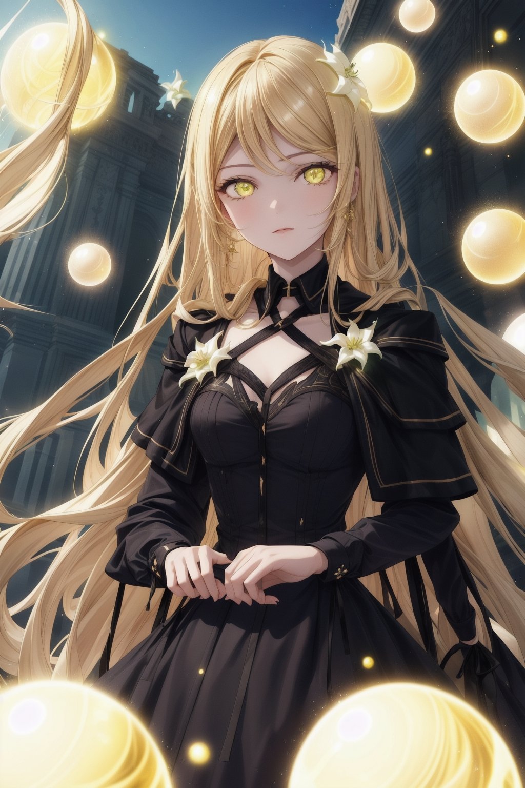 1 girl, surrounded by glowing colorful orbs, long blonde hair, wavy hair, golden eyes, black dress, white lily, palace exterior elegant, palace,  good lighting, cold expression, high quality, shiny hair, detailed dress,fantasy00d, multi coloured orbs, add brightness, pretty black dress, outdoors