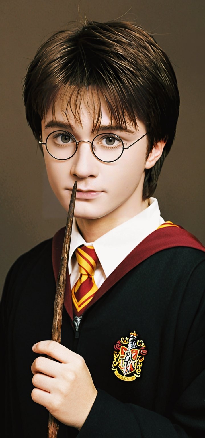 (Harry Potter:1.4), wielding a magic wand, age 16,(perfect resemblance:1.3)