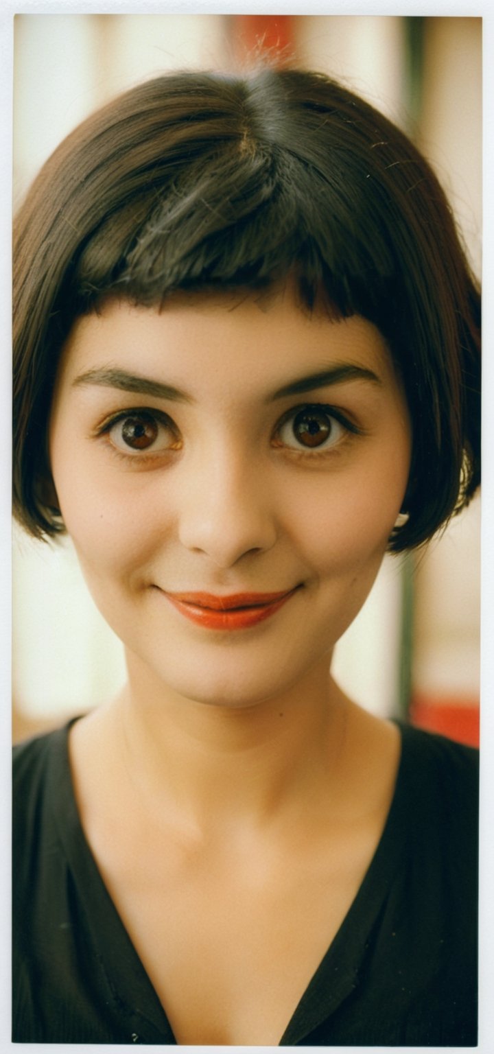 (Analogue/Beauty/Modernist photograph:1.3) of (Amélie Poulain from the movie Amélie:1.4). BREAK, (close up on face shot:1.2), cute smile, looking at the viewer, soft diffused lighting, eye level, (shot on Polaroid SX-70:1.4), Agfa Vista film, in the style of Ando Fuchs/Helmut Newton/August Sander/Garry Winograd/Hans Bellmer/Miko Lagerstedt/Liam Wong/Nan Goldin/Lee Friedlander, (photorealistic:1.3), vignette, highest quality, detailed and intricate, original shot, more detail XL, (amelie:1.4)