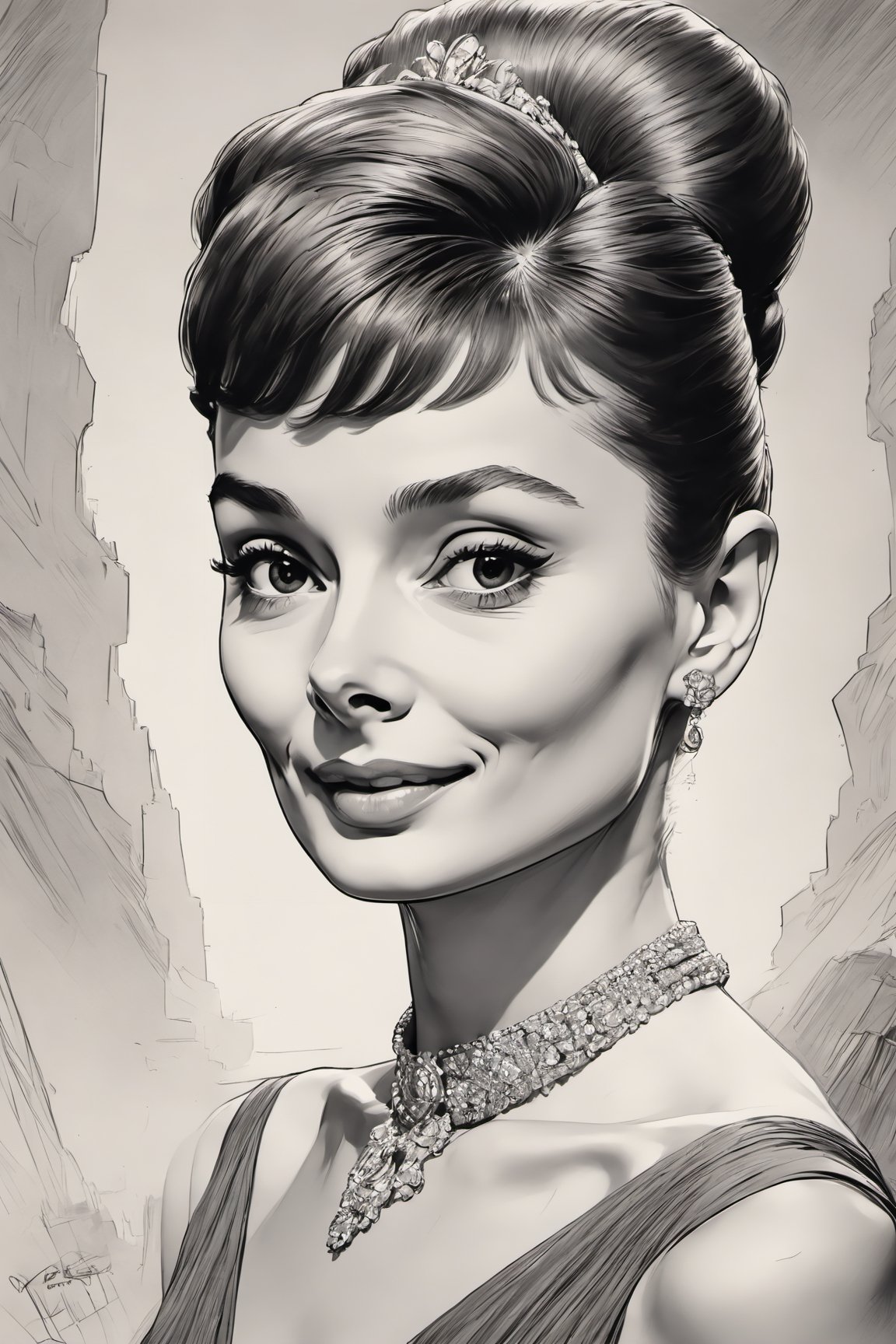 B/W hand drawing, 2B graphite pencil, incredible resemblance, Face portrait of Audrey Hepburn, age 29, long elegant dress, charming appearance, intricate detail, fine art, trending on artstation, (by Jack Kirby:1.3), 1958, Perfect face,  fine details, sharp edges, realistic shaded,  fine-face,  pretty face,  CG Society, intricate, octane render,  full face view , ink , Comic Book-Style 2d, sketch art, lineart,