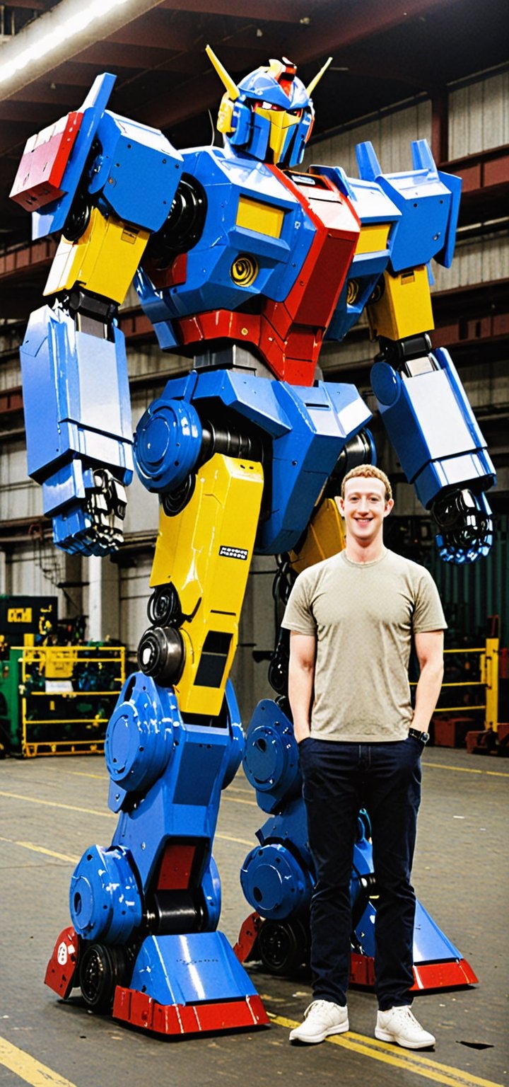 (Mark Zuckerberg with is Facebook bot, a giant super robot:1.5), giant robot with Facebook logo (by Go Nagai:1.3),(perfect resemblance:1.4),1980s (style),mecha