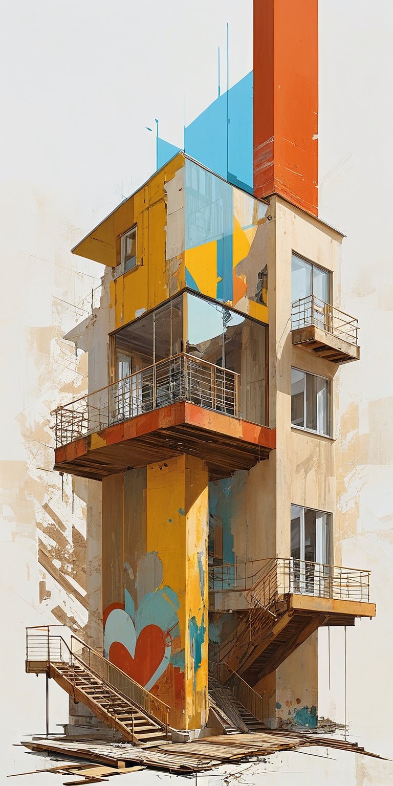 (An amazing and captivating abstract illustration:1.4), modern architecture ((abstract painting:1.3)) in the style of David Schnell, oil on canvas, Leipzig School, colorful geometric landscape, renaissance perspective, ((wireframe deconstructionism:1.4)), (abstract glass house in foreground:1.3) (deconstructivism:1.2), architecture focus, (grunge style:1.2), (frutiger style:1.4), (colorful and minimalistic:1.3), (2004 aesthetics:1.2),(beautiful vector shapes:1.3), with (no text:1.2), text block. BREAK swirls, x \(symbol\), arrow \(symbol\), heart \(symbol\), floorboards, bleachers, architectural elements, industrial complex, straight lines, gradient background, sharp details, oversaturated. BREAK by Barnaby Furnas, Jules de Balincourt, Neo Rauch, highest quality, detailed and intricate, original artwork, trendy, mixed media, vector art, vintage, award-winning, artint, SFW,LW,stacked,night city,Leonardo Style